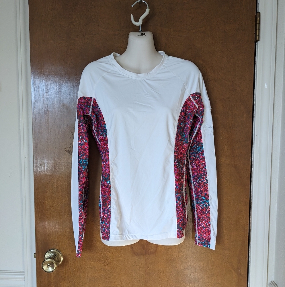 Athleta Santa Cruz White Pink Floral Abstract Colorblock Rashguard Swim Top